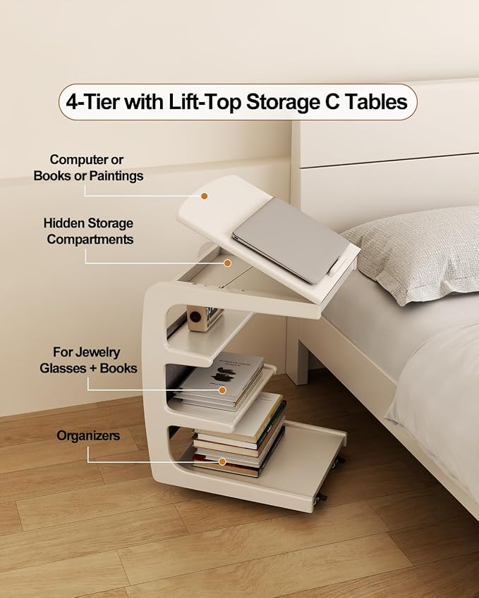 AQIMUELE Wooden C-Shaped End Table,Couch Desk with 2 Lockable Wheels,4-Tier Couch Table with Storage Bag,Small Rolling Side Table Tv Trays for Couch, Living Room,Bedroom (White) - Image 8