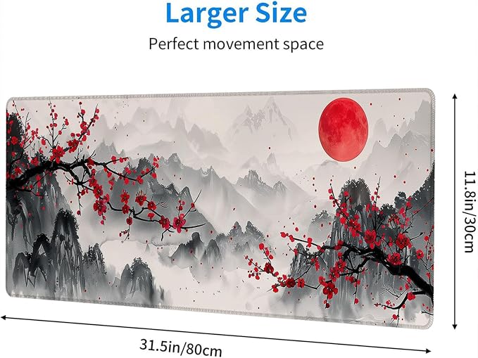 Watercolor Cherry Blossom Gaming Mouse Pad - Chinese Ink Painting Mountain Desk Mat With Stitched Edge Non-Slip Base for Office Computer Keyboard Laptop Home 31.5"x11.8" - Image 2