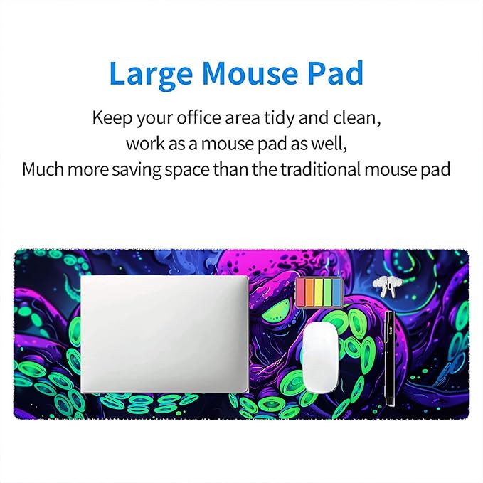 Octopus Desk Mat Gaming Mouse Pad Neon Cthulhu Monster Cool XL Mouse Pad Large Mousepad Extended Laptop Keyboard Mat Gaming Desk Pad Mouse Mat Office Computer Keyboard Laptop Home 31.5"x11.8" - Image 7
