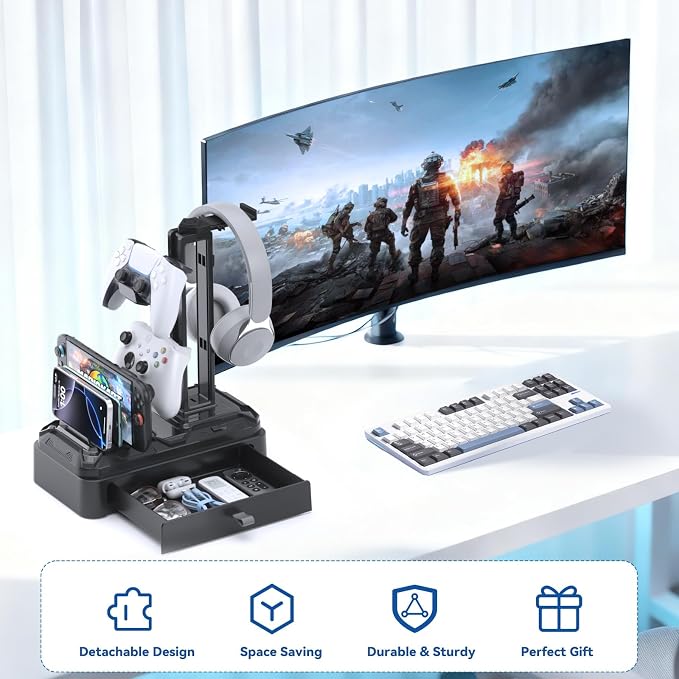 KDD Headphone Stand with Drawer - Rotatable Headset & Detachable Controller Holder for Desk - Multifunctional Organizer with Device Slot for Phones, Tablets - Universal for Gaming Accessories - Image 8