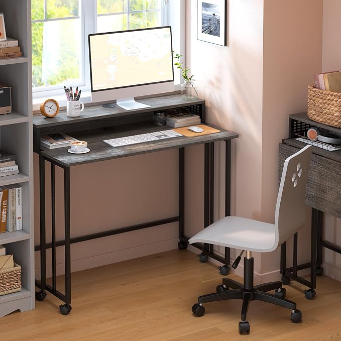 Gezen 31.5" Folding Desk with Storage Shelf, Small Rolling Desk, Dark Grey - Image 2