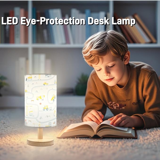 Kids Desk Lamp for Bedroom Boy,Reading Car Lamp,3-Way Dimmable Bedside Night Light with Cartoon Pattern Printed Shade and Wood Base for Kids Room Nursery Living Room Decor,Car Gift for Boys - Image 4
