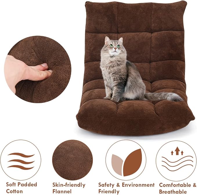 GIANTEX Floor Chairs for Adults, Floor Gaming Chair w/Back Support (Coffee) | Coral Velvet, 14 Adjustable Position, Thick Sponge Padding, Floor Seating Lounge for Reading, Watching TV, Meditation - Image 5