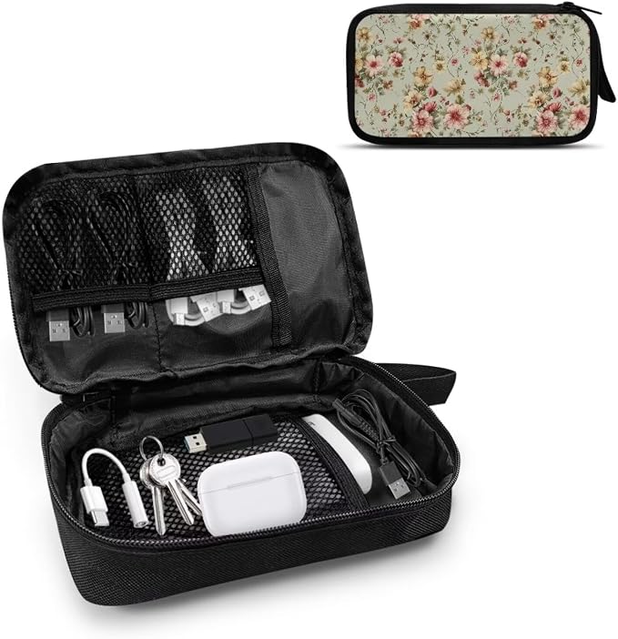 Vintage Flower Print Cable Organizer Bag, Waterproof Travel Electronic Storage, Shockproof Portable Tech Bag Carrying Case for Cord, Earbuds, Charger, SD Card, Tech Gifts - Image 2