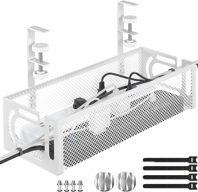 Under Desk Cable Management Tray, 15.7'' No Drill Steel Desk Cable Organizers, Wire Management Tray Cable Management Rack (1 Pack-White) by BESTFORYOU