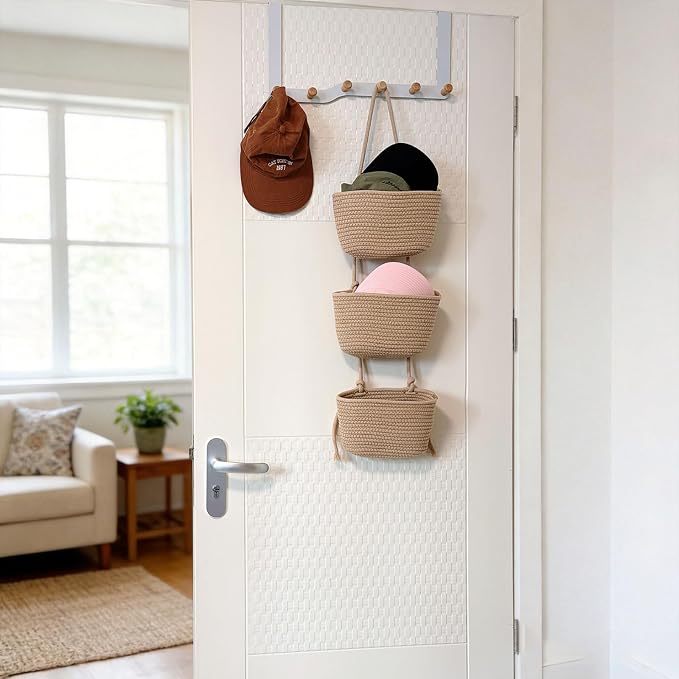 3-Tier Decorative Cotton Rope Hanging Basket, Wall-Mounted Woven Storage Organizer Bag, Jute - Image 7