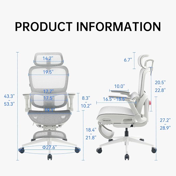 SIHOO B300 PRO Ergonomic Office Chair with Footrest, Mesh Desk Chair, White | 4-Directional Lumbar & Height-Adjustable Backrest, 6D Armrests, Swivel Computer Chair for Long Hours - Image 2