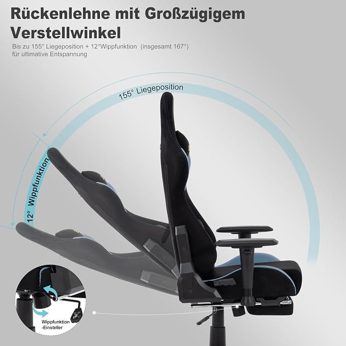 Symino Gaming Chair, High Back Ergonomic Office Chair with 2D Adjustable Armrests, 150° Recline, Breathable Faux Suede, Adjustable Headrest & Footrest for Home Office - Image 5