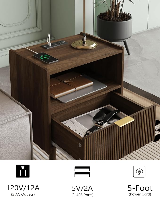 Veegle Nightstand,Modern Bedside Table with Storage Drawer and Open Wood Shelf, Accent Night Stand with Solid Wood Legs for Living Room, Bedroom and Small Spaces,Easy Assembly (Walnut Brown-Outlet) - Image 4