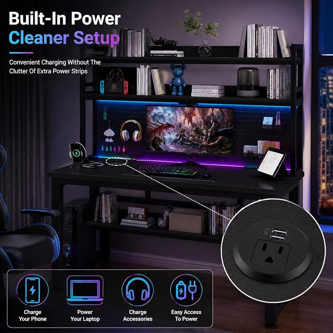 31 Inch Gaming Desk with Power Outlets & USB Ports | Computer Desk with LED Lights, Hutch, Pegboard & Storage Shelves for Home Office, Small Space (Black) - Image 6