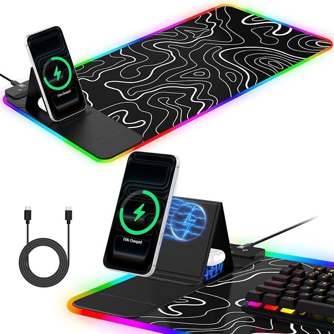 RGB Mouse Pad with Foldable Phone Stand Wireless Charger, 31.5"x11.8" XL Gaming Mousepad Large Desk Mat, Desk Pad with 11 Colors 5 Modes, Waterproof by miroddi