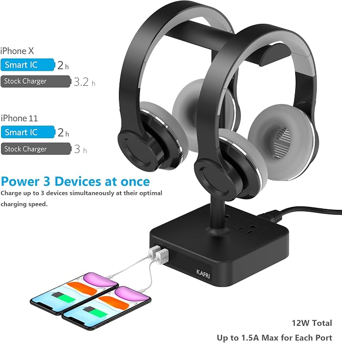 KAFRI Dual Headphone Stand with USB Charger Desk Gaming Double Headset Holder Hanger Rack with 2 USB Charging Port and 2 Outlet - Suitable for Gamer Desktop Table Game Earphone Accessories Gift - Image 2