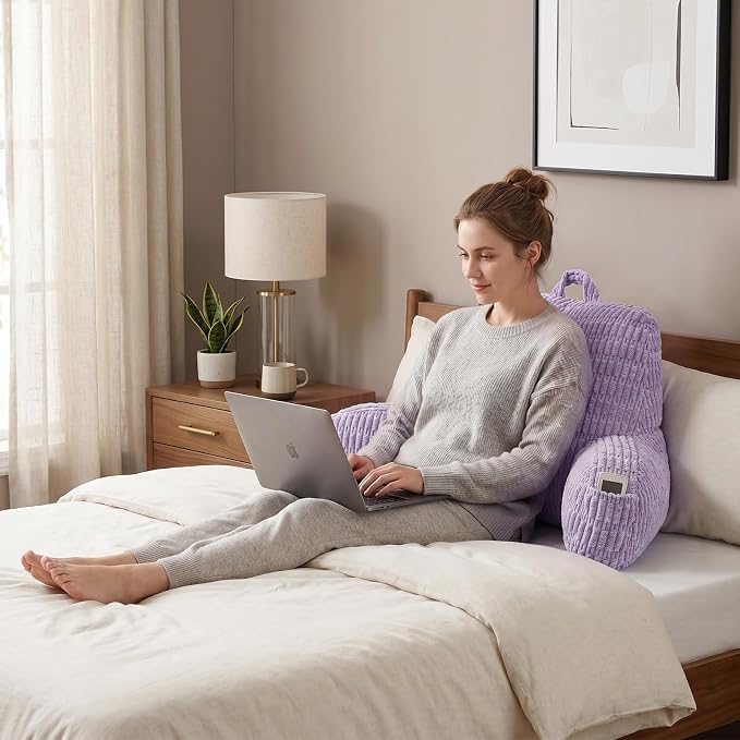 Reading Pillow for Sitting in Bed with Arm,Purple Corduroy,M | Sitting Pillow for Teens Back Support,17" Backrest Pillow Supports Reading,Gaming & Relaxing in Bed,Couch,or Floor - Image 2