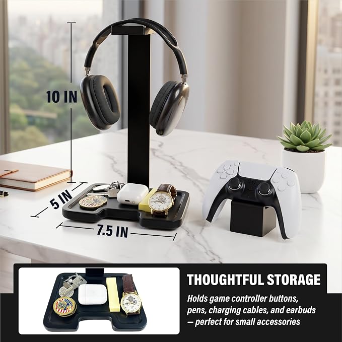 Gaming Accessories Headset Stand with Game Controller Holder & Storage Base, Stylish Gamer Gifts for Men Teenage Boy Headphone Stand, Unique Gifts for Gamers to Organize Gaming Equipment (Black Wood) - Image 8