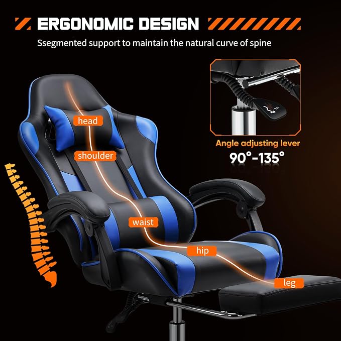 Sweetcrispy Gaming Chair with Footrest, Ergonomic Lumbar Support Desk Chair | High Back Ergonomic, PU Leather, Adjustable Headrest, Linkage Armrest, Height Adjustable, 360 Swivel, Blue - Image 4