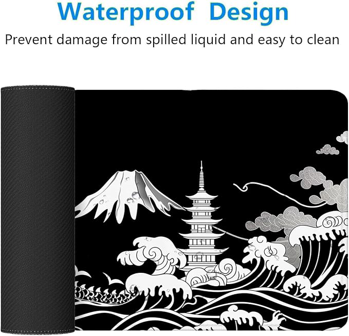 Dragon Desk Mat Gaming Mouse Pad Black White Japanese Sea Wave Extended Gaming Mouse Pad Mat with Stitched Edge Non-Slip Base Big Mouse Pad Office Computer Keyboard Laptop Home 31.5"x11.8" - Image 4