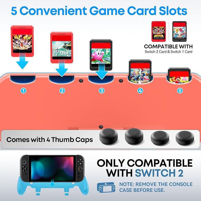 OIVO Grip Compatible with Nintendo Switch 2, Switch 2 Ergonomic Grip Case with Adjustable Stand, Comfort Game Accessories with 5 Game Card Slots and 4 Thumb Caps, Blue Orange - Image 2