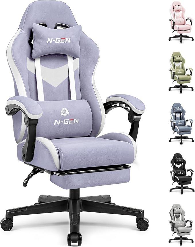 N-GEN GAMING Gaming Chair, Reclining Backrest, Footrest, Fabric, Purple | Ergonomic Design with Reclining Backrest, Linkage Armrests and High-Density Foam, Comfy Seating for Computer or Home Office by N-GENGAMING