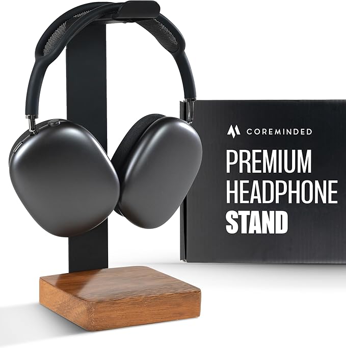 COREMINDED Universal Headphone Stand for Desk, Walnut Wood Headset Holder | Fits All Headphones incl AirPods Max, Heavy Duty Solid Wood, Sturdy & Stable, Gaming Headset Organizer, Gift Ready Box by COREMINDED