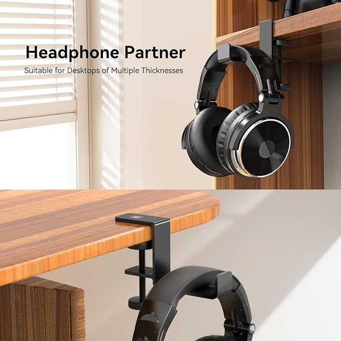 OneOdio MTL99 Foldable Headphone Stand, Metal Headset Holder Space-Saving Table Hook, Clamp-on Under Desk Hanger, Universal Fit Gaming Headphones Mount, Black - Image 2
