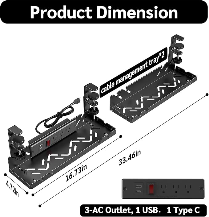 Extended Metal Under Desk Cable Management Tray with Power Outlet - Image 2
