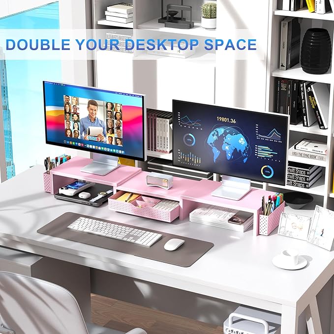 gianotter Dual Monitor Stand Riser With Drawer and 2 Pen Holders | Computer Monitor Stand Desk Organizer and Accessories Desk Shelf for Top of Desk (Pink) - Image 5