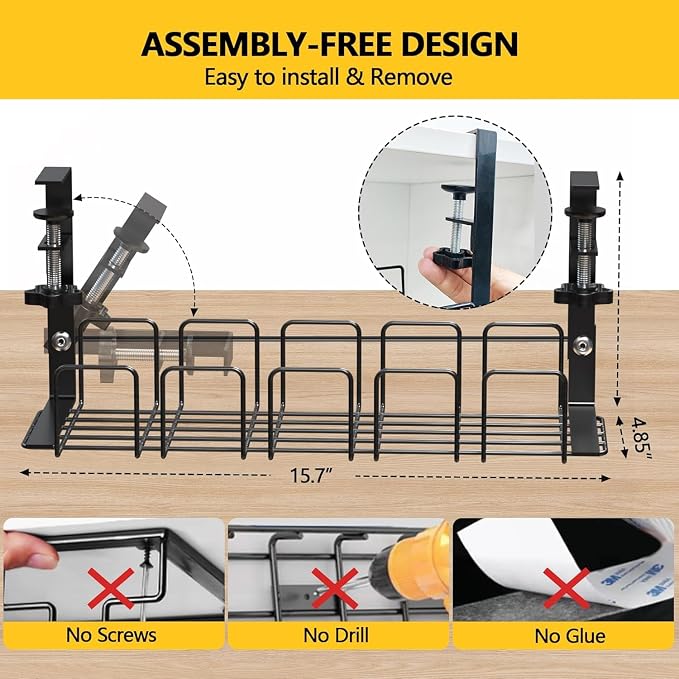 15.7 Inch Under Desk Cable Management Tray - Black No Punch Wire Organizer Holder, Sturdy Metal Rack for Power Strip, Desk Cable Organizer for Home, Office, Standing Desk, Gaming & Streaming Setup - Image 2