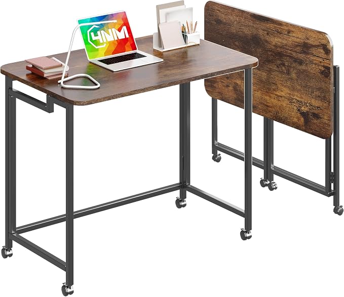 4NM 31.5" Mobile Small Rolling Computer Desk, Folding Laptop Cart Table with Wheels, Portable Office Desk for Small Space Couch Bed - Rustic Brown and Black by 4NM