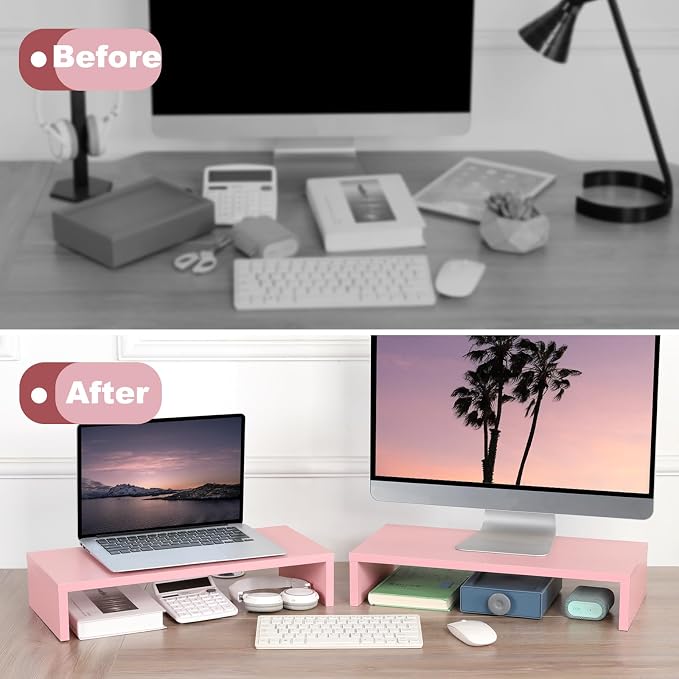 TEAMIX Pink Monitor Riser-20L inch, Wood Monitor Stand for Desk, Sturdy TV/Screen/PC/Printer/Laptop Riser,Computer Shelf with Storage TV Holder for Home Office (Pink, 20 inch) - Image 7