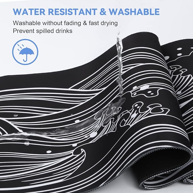 DIGSOM Gaming Mouse Pad Black and White Sea Wave Pattern, 31.5 x 11.8in | XL Mouse mat, Smooth surface, Anti-slip rubber base, For keyboard and mouse, For home and office use - Image 5