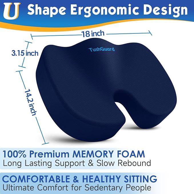 TushGuard Seat Cushion for Office Chair, Car, Memory Foam, Blue Large | For Back, Coccyx, Sciatica, Tailbone Pain, Ergonomic Design, Non-Slip, Desk Wheelchair Use, Supportive Butt Pillow, For Man - Image 2