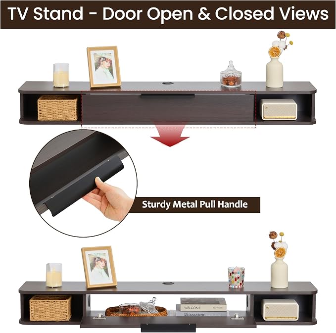 Floating TV Stand, 55" Wall Mounted TV Cabinet, Wood Media Console for TVs up to 65", Entertainment Center with Storage for Living Room, Under TVs Shelf for DVD Player, Coffee - Image 7
