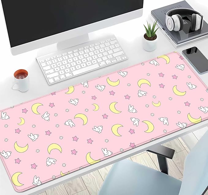 IMAYONDIA Pink Kawaii Desk Pad, Cute Moon Bunny Desk Mat Computer Pad Desktop,Laptop Protector Aesthetic Anime Mousepad Writing Pad for Office Home School,Large Gaming Mouse Pad Tarot Mat,31.5 X 11.8 - Image 6