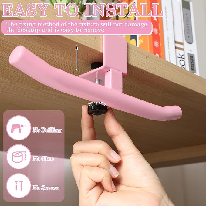 Geelin Bag Hook for Desk Table Heavy-Duty Backpack Hanger Clamp On Purse Holder Adjustable Under Desk Bag Hook for Headphones Handbag Hanger for Classroom Dorm Back to School(Pink) - Image 3