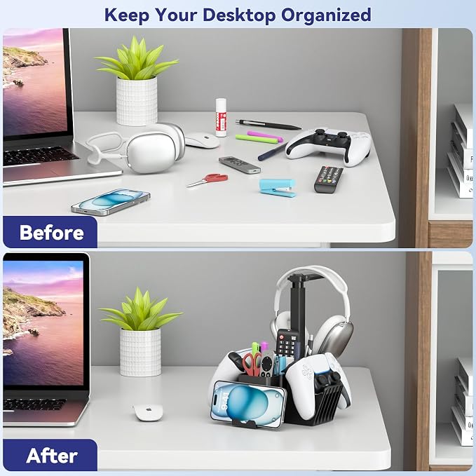 KDD Dual Controller Holder with Headphone Stand - Multi-Functional Desk Storage Box with Phone Holder - Universal Controller Stand with Desktop Organizer for Remote Control Pen Accessories(Black) - Image 5