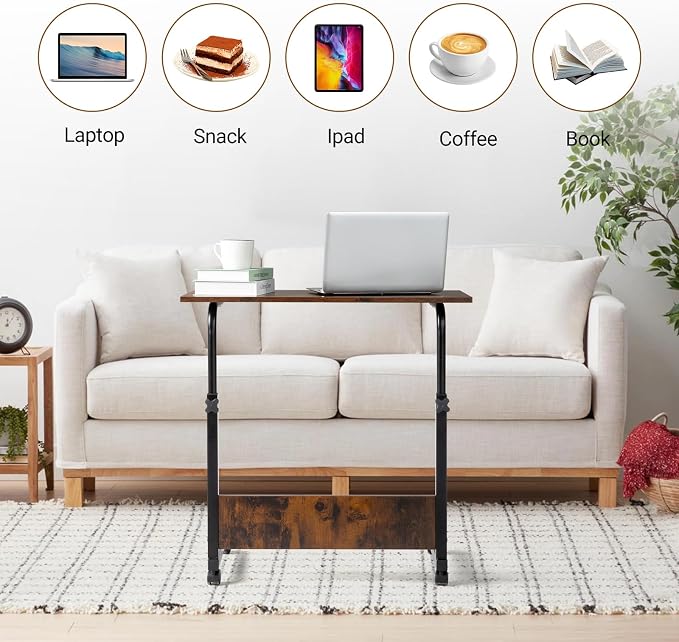 Karl home Mobile Side Table 31.5 inch Computer Desk with Wheels, Rustic Brown - Image 7