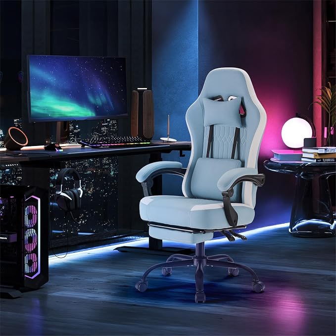 DUMOS Ergonomic Gaming Chair with Footrest, Video Game Chairs | Comfy Lumbar Support, Linkage Armrests, Tech Fabric, Pocket Spring Cushion, Office, Adults Students, Blue - Image 2