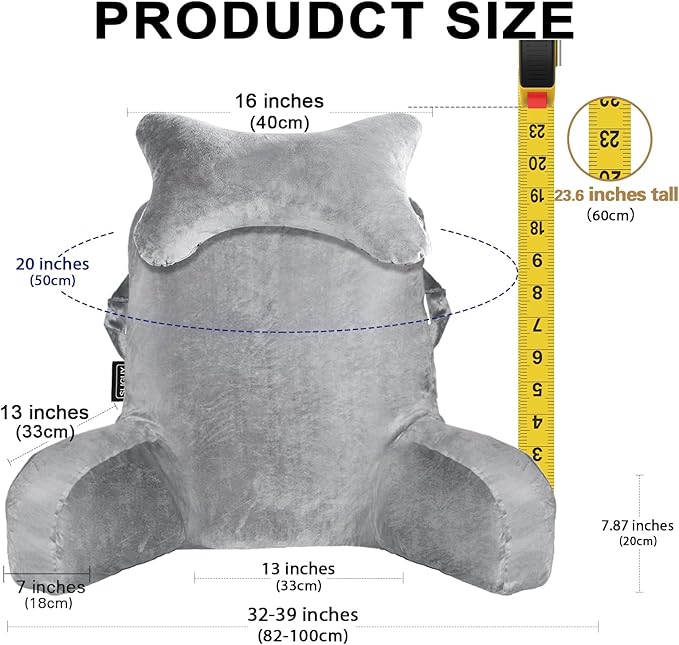 SLIGUY Reading Pillow for Sitting in Bed Couch Adult, Back Pillow with arm Support and Pockets, Adult Back Pillow Bed Chair for Bed Rest, Reading, Watching TV, Gaming for Boys and Girls Light Grey - Image 2