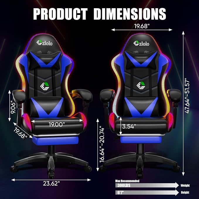Czlolo Gaming Chair, Racing Style RGB LED Lights Gaming Chairs for Adults and Kids, Lumbar Massager Gamer Chair, High Back Reclining Computer Chair with Footrest and Headrest (Black/Blue) - Image 3