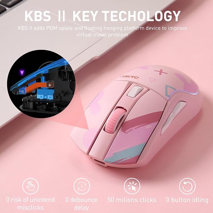 DAREU A950 Pink Wireless Gaming Mouse with Charging Dock,88g Lightweight - Image 4