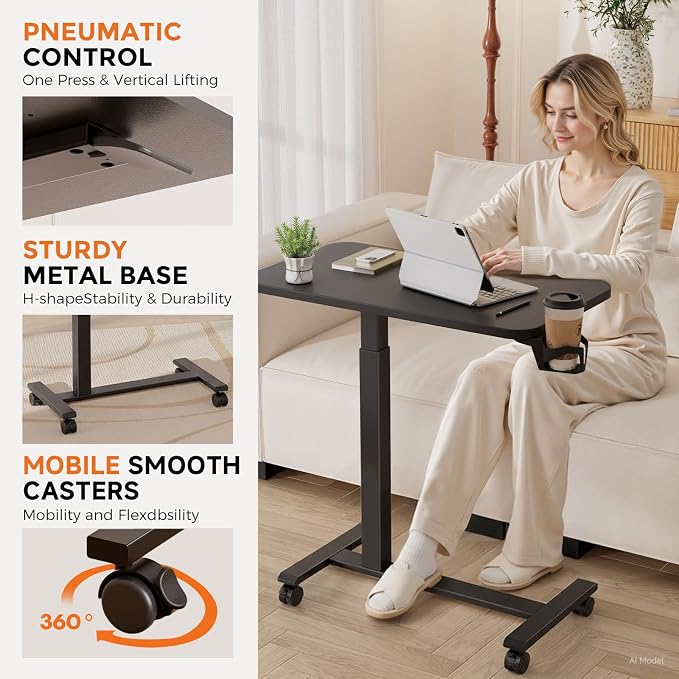 GTPLAYER Small Standing Desk with Lockable Wheels, Pneumatic Mobile Rolling Laptop Desk,Adjustable Height Overbed Bedside Table Computer Workstation for Home Office (32" W x 18" D, Black) - Image 6