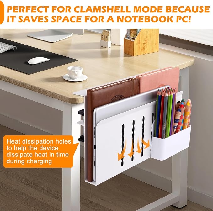 Desk Side Storage, Under Desk Laptop Mount, Table Side Hanging File Organizer, No Drill Clamp On Cable Management Tray, Laptop Holder with Magnetic Pen Holder for Office and Home - Image 3