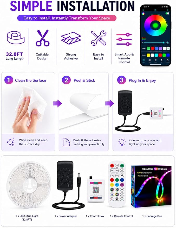 MFWW 32.8ft RGB+IC LED Strip Lights, LED Lights for Bedroom, Smart Control - Image 9