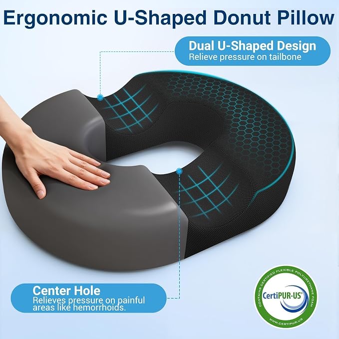 Donut Pillow Seat Cushion, Office Chair Cushion, Black, Large | Ergonomic Design, Breathable Cover, for Tailbone Pain, Hemorrhoids & Long Sitting Hours, for Home & Office - Image 5