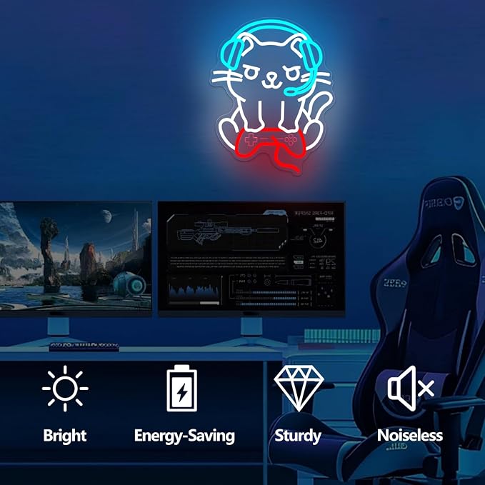 Cat Gaming Neon Sign Gamer Cat Neon Signs for Wall Decor Dimmable Game Room Led Wall Art Gamer Room Decor Led Light Sign Funny Gift for Cat Lovers & Gamers - Image 2