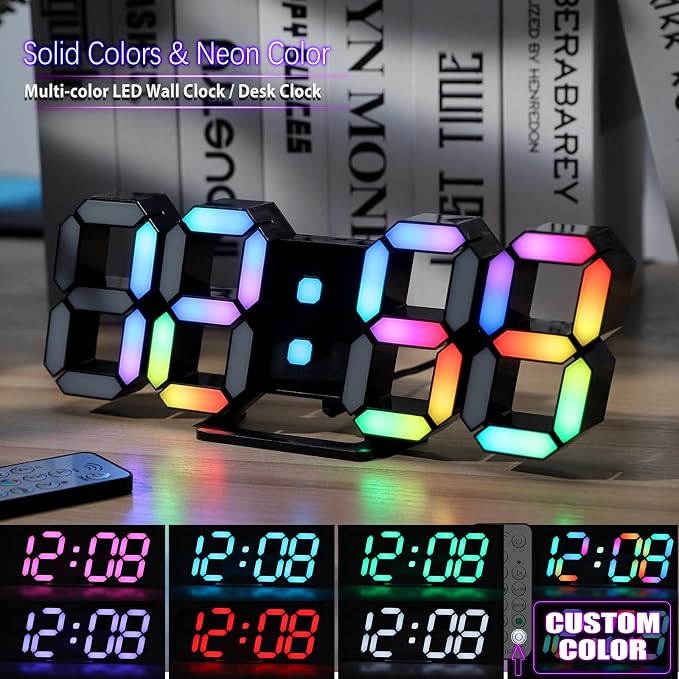 KOSUMOSU LED Digital Clock Neon Clock 9.7" Black Gaming Clock RGB LED Wall Clock for Living Room Desk Clock Large Display Clock for Bedroom, Black Clock with Dimming - Image 3