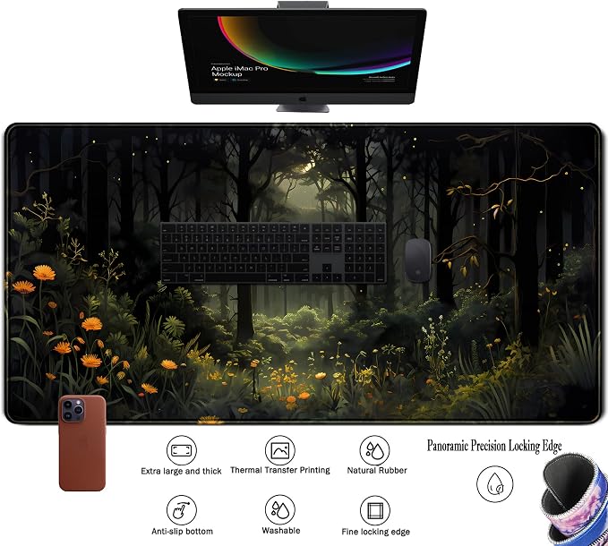 Dark Forest Desk Mat Mouse pad, Green Nature Deskmat XXL Large Extended Aesthetic Plant Mousepad Gaming Desk Pad, Big Laptop Computer Keyboard and Mouse Mat for Women Office Desk Decor 31.5x15.7 in - Image 3