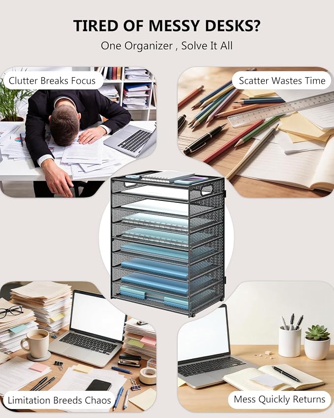 WALI Desk File Organizer, 9 Tier Desktop Paper Letter Tray Organizer with Handle, Office Desk Accessories & Workspace Organizers for Office, Home, School Supplies, 1 Pack, Black - Image 2