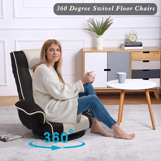 360° Swivel Floor Chair with Armrests, 14-Position Adjustable Floor Lounger for Adults, Foldable Reclining Chair for Living Room & Bedroom - Image 6