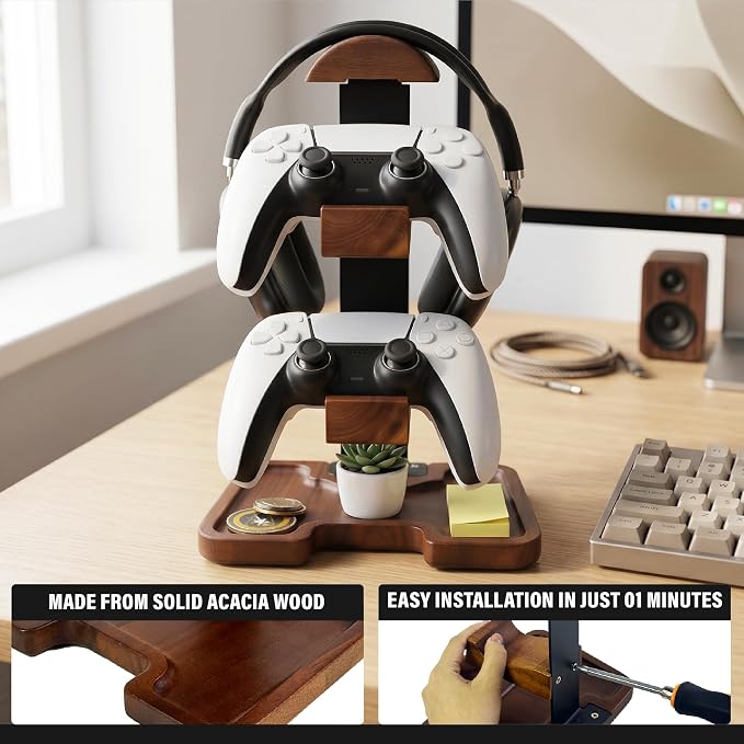 Gaming Equipment Headset Stand with Dual Controller Organizer Rack & Storage Base, Headphone Stand Gamer Gifts for Men Teenage Boy, Unique Gifts for Gamers to Organize Gaming Accessories (Brown Wood) - Image 5